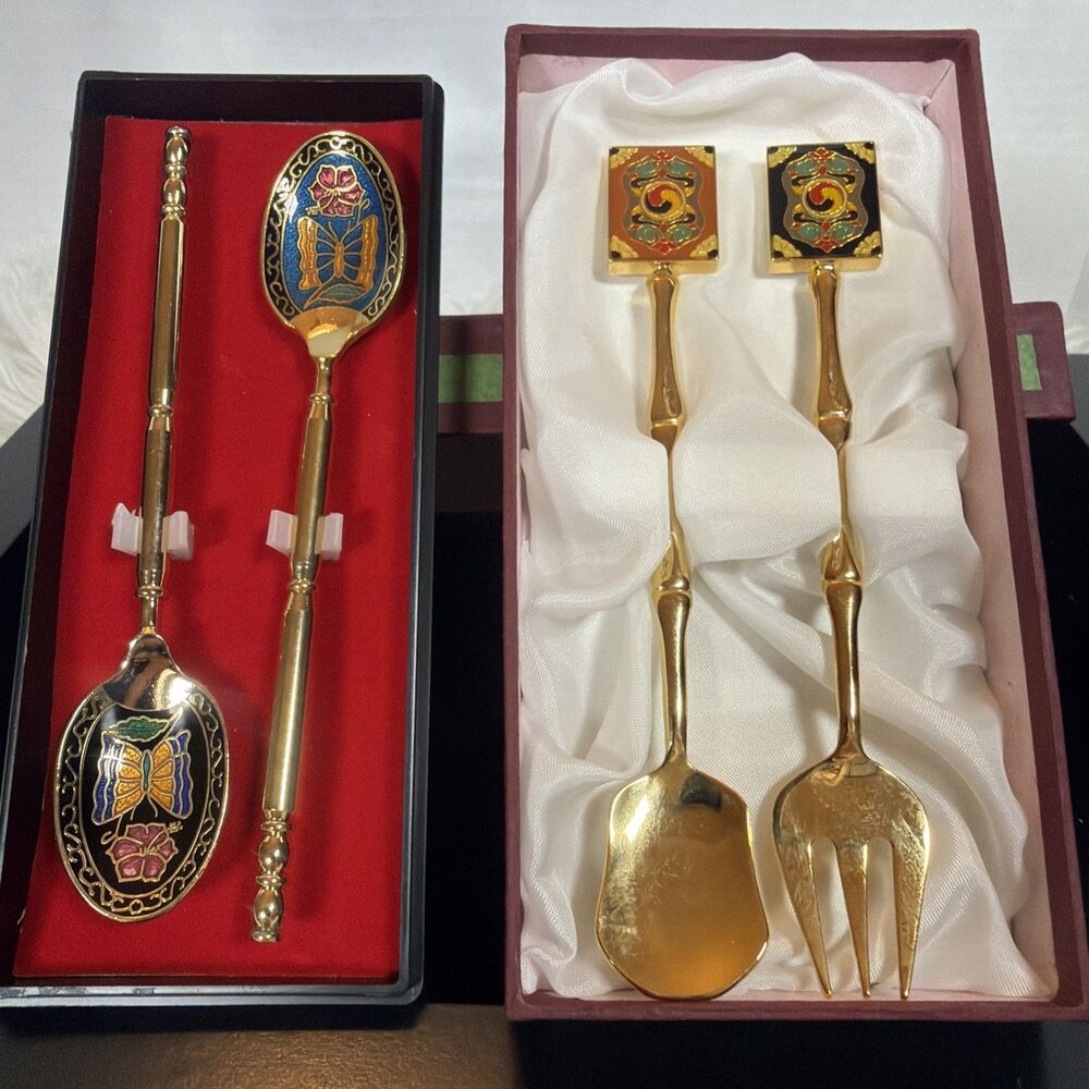 Set of 24K Gold Plated Spoon & Fork Sets Korean Cloisonné